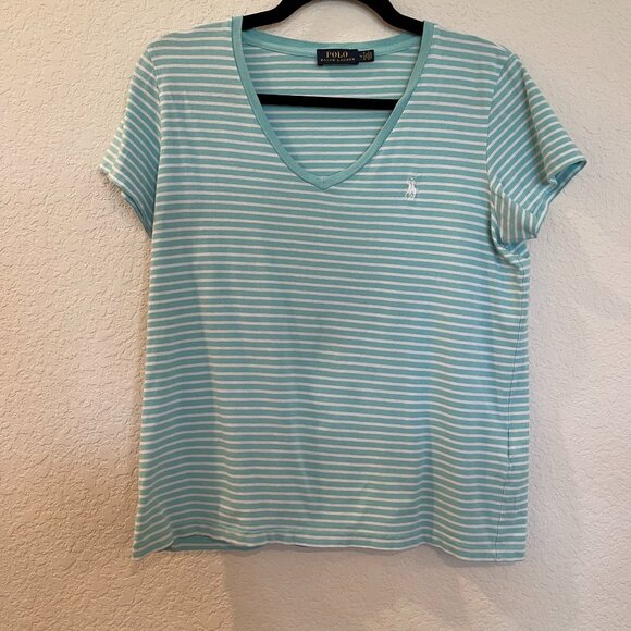 Polo Ralph Lauren Blue Short Sleeve V-Neck Striped Shirt - Picture 1 of 4